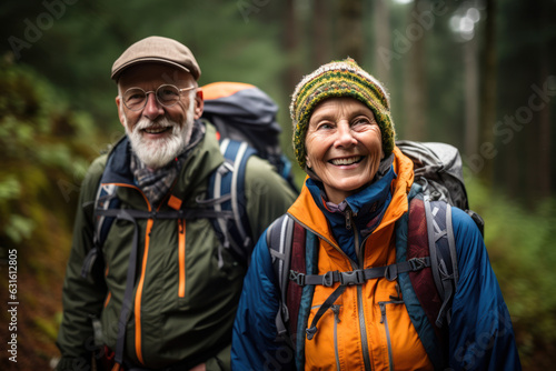Adventurous Elderly Couple Embracing Nature's Beauty on Hike Together