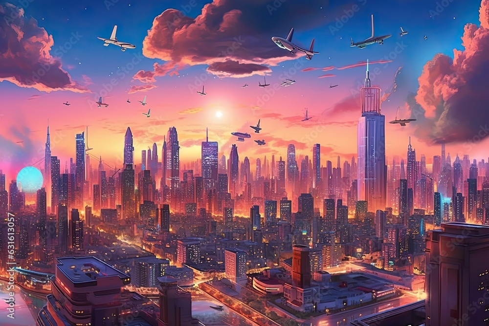 Futuristic Cityscape: Sleek Skyscrapers, Flying Cars, and Holographic Displays Shaping the Urban Landscape, generative AI
