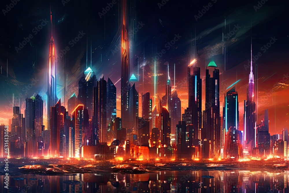 Future-Forward: A Dazzling Skyline of Sleek Skyscrapers, Neon Lights, and Advanced Tech, generative AI