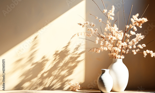 Minimalist living room decoration with a vase with flowers and a shadow projected on the wall from the light that enters through the window. AI generated