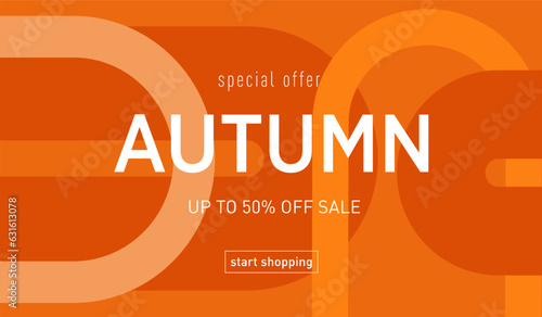 Modern Autumn Sale offer 50%. Abstract Geometric Background for Banner, Poster, Website, Placard, Cover. 3D Pattern in Orange, Beige, Brown Colors. Vector illustration.