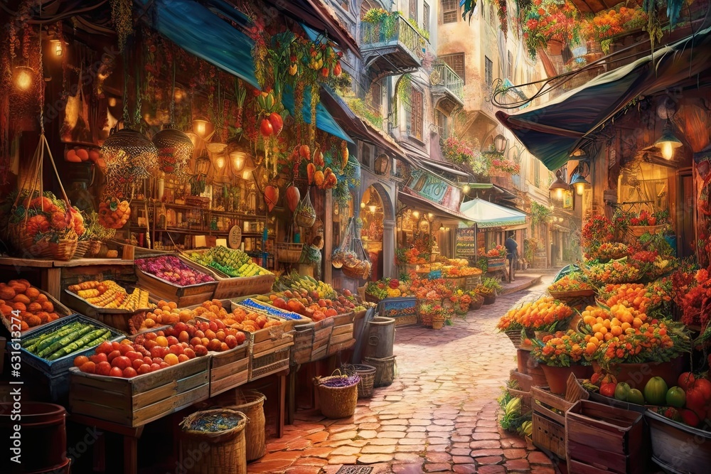 Vibrant Street Market: Colorful Stalls, Aromatic Spices, and a Lively Atmosphere, generative AI