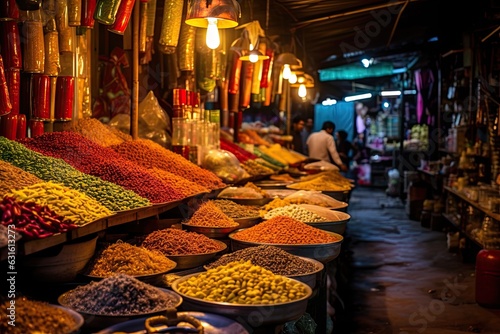 Vibrant Atmosphere: Exploring a Lively Street Market with Colorful Stalls and Aromatic Spices, generative AI