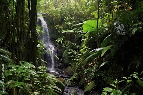 Cascading Water, Lush Vegetation, and a Soothing Sound: Exploring a Serene Rainforest Waterfall, generative AI