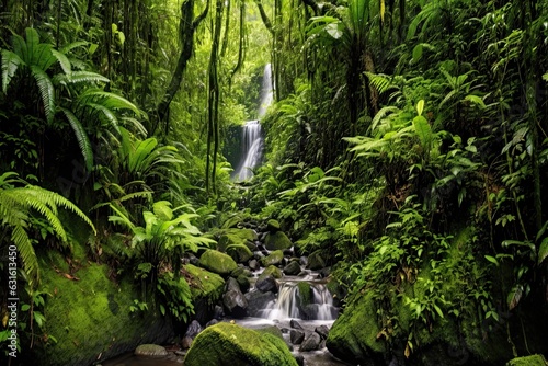 Cascading Waters and Lush Greenery  Exploring the Symphony of Nature s Sounds in a Lush Rainforest Waterfall  generative AI