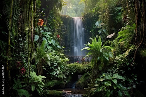 Enchanting Lush Rainforest Waterfall: Cascading Waters, Soothing Nature Sounds, and Vibrant Greenery, generative AI