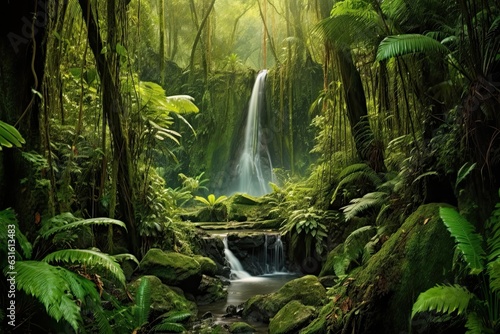 Explore the Serene Beauty of a Lush Rainforest Waterfall: Cascading Waters, Lush Greenery, and the Soothing Sound of Nature, generative AI