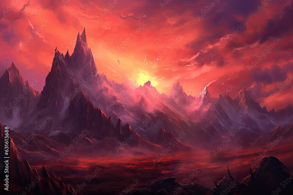Awe-Inspiring Sunset: Majestic Mountain Range with Dramatic Peaks and Fiery Sky, generative AI