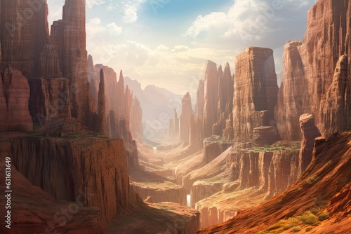 Awe-Inspiring: Exploring the Majestic Canyon Landscape with towering cliffs, rugged rock formations, and a Vast Open Sky, generative AI