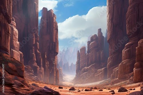 Discover the Beauty of a Majestic Canyon Landscape: Towering Cliffs, Rugged Rock Formations, and Vast Open Skies, generative AI