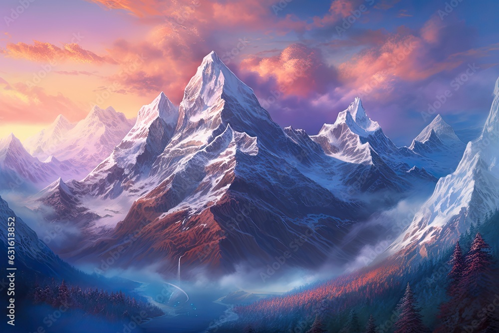 Grandeur Unveiled: Majestic Mountain Range with Towering Peaks and Snowy Slopes, generative AI