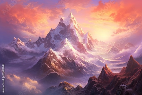 Grandeur and Beauty: Exploring a Majestic Mountain Range with Towering Peaks and Snowy Slopes, generative AI © Michael