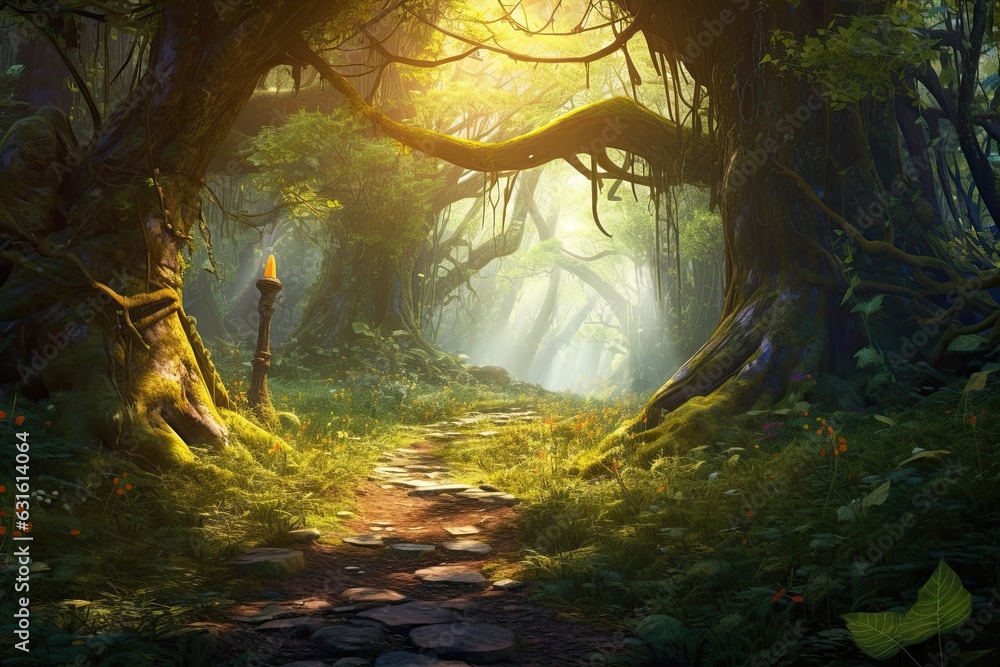 Fototapeta premium Enchanted Paths: Discovering the Mystical Forest Glen with Ancient Trees and Sun-Dappled Beauty, generative AI