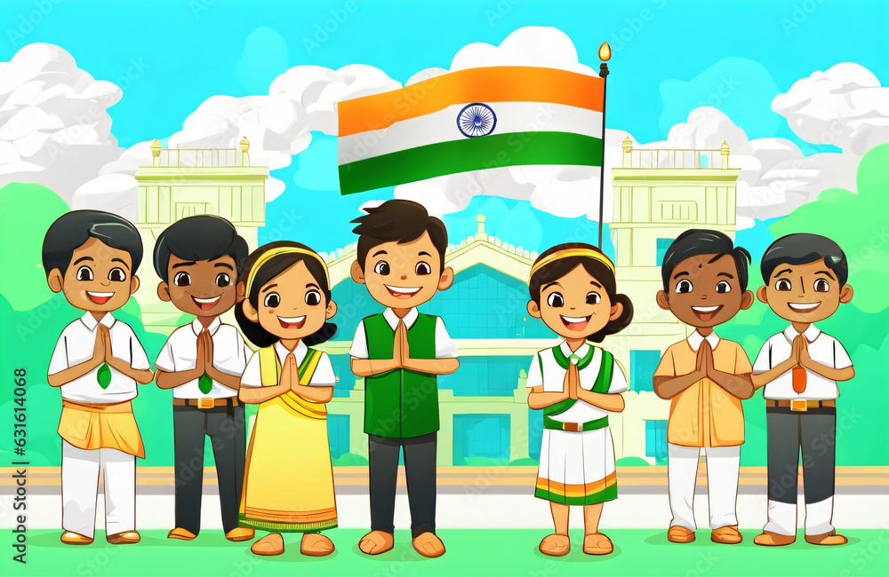 Creative flat vector illustration of Indian students and faculty teachers standing in front of Indian tricolor flag in school. Republic day of India. Independence day of India. Generative Ai. Creative flat vector illustration of Indian students and faculty teachers standing in front of Indian tricolor flag in school. Republic day of India. Independence day of India. Generative Ai.