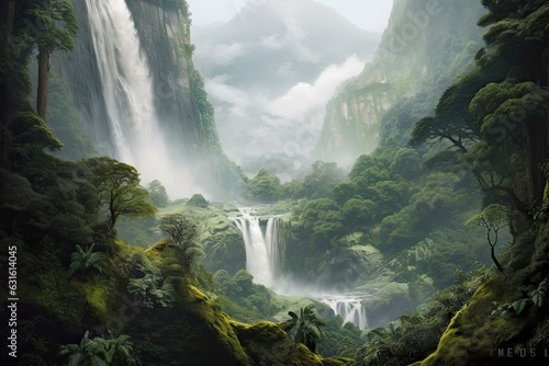 Captivating Beauty  Majestic Waterfall and Lush Green Landscape Embraced by Cascading Waters and Misty Spray  generative AI