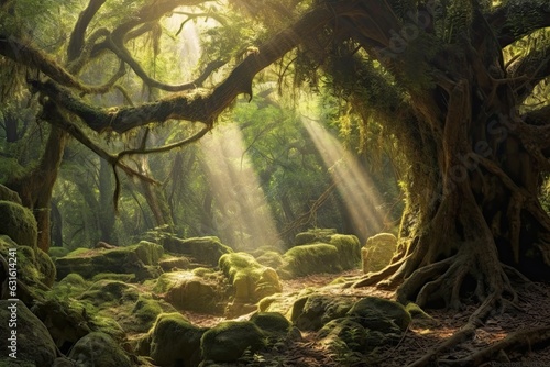 Mystical Forest: Ancient Trees, Dappled Sunlight, Tranquility, and Wonder, generative AI