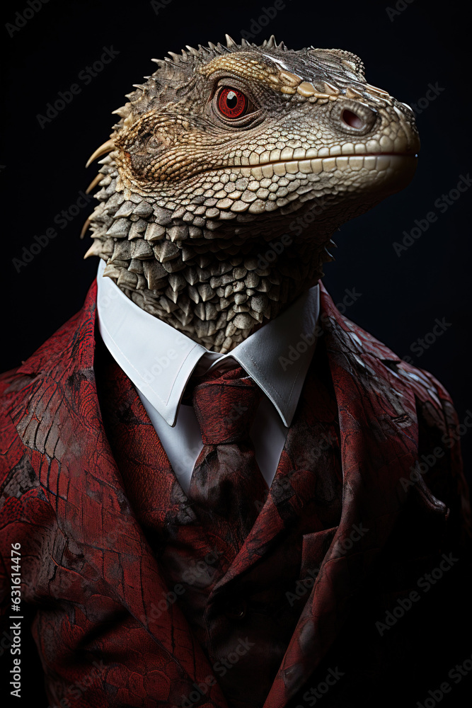 Portrait of a businessman with a snake head wearing a formal red suit with a tie and shirt. Against a black background