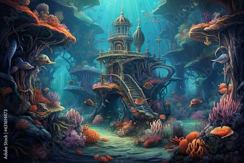 Exploring the Enchanting Depths: Discover Vibrant Coral Reefs, Graceful Sea Creatures, and Sunken Treasures in a Mystical Underwater Realm, generative AI © Michael