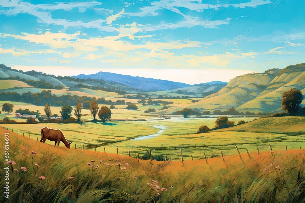 Obraz premium Tranquil Countryside Bliss: Rolling Hills, Grazing Animals, and a Clear Blue Sky, generative AI