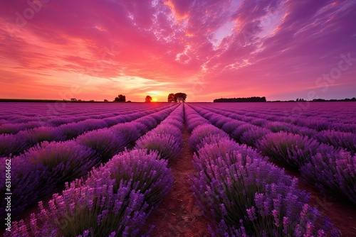 Sunset Bliss: Tranquil Lavender Field with Blooming Rows, Purple Sky, and Gentle Breeze, generative AI