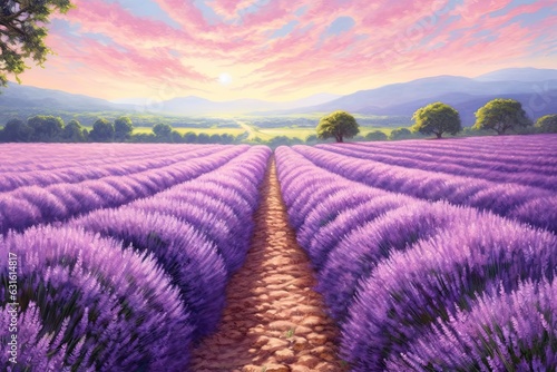 Tranquil Lavender Field: Endless Rows of Fragrant Purple Flowers, generative AI