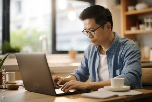 Asian businesswoman in smart casual attire working on laptop at home office, alongside a student focusing on online learning and studying remotely.