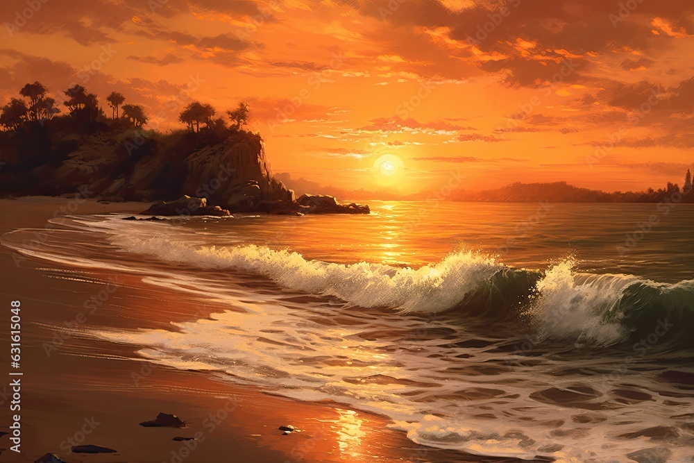 Golden Hues and Crashing Waves: Discover the Serene Ambiance of a Beach at Sunset, generative AI