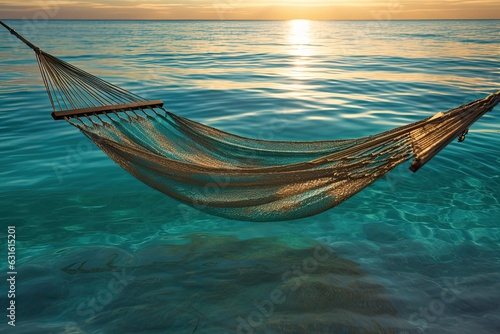 Turquoise Waters and Golden Sunlight: Discover the Serenity of a Beach Hammock Swaying in the Sea Breeze, generative AI