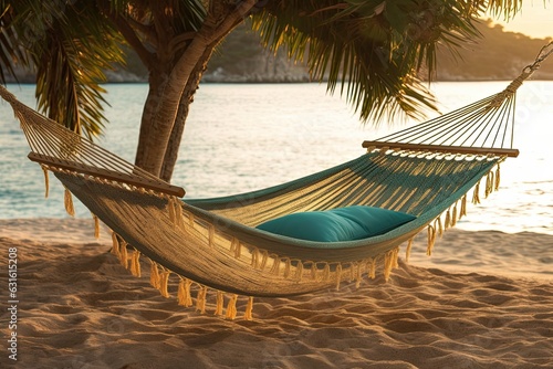 Tranquil Seas: Hammock Bliss in the Turquoise Waters and Golden Sunlight, generative AI