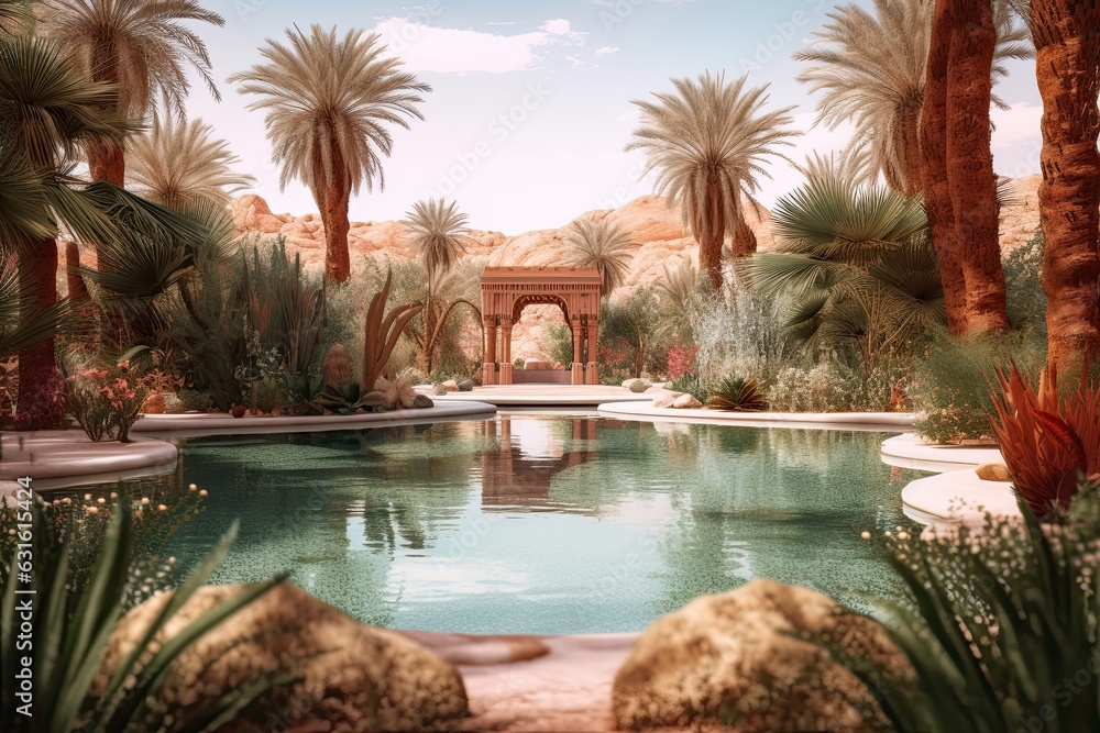 Fototapeta premium Tranquil Solitude: Discover the Serene Desert Oasis with Palm Trees and a Shimmering Pool, generative AI