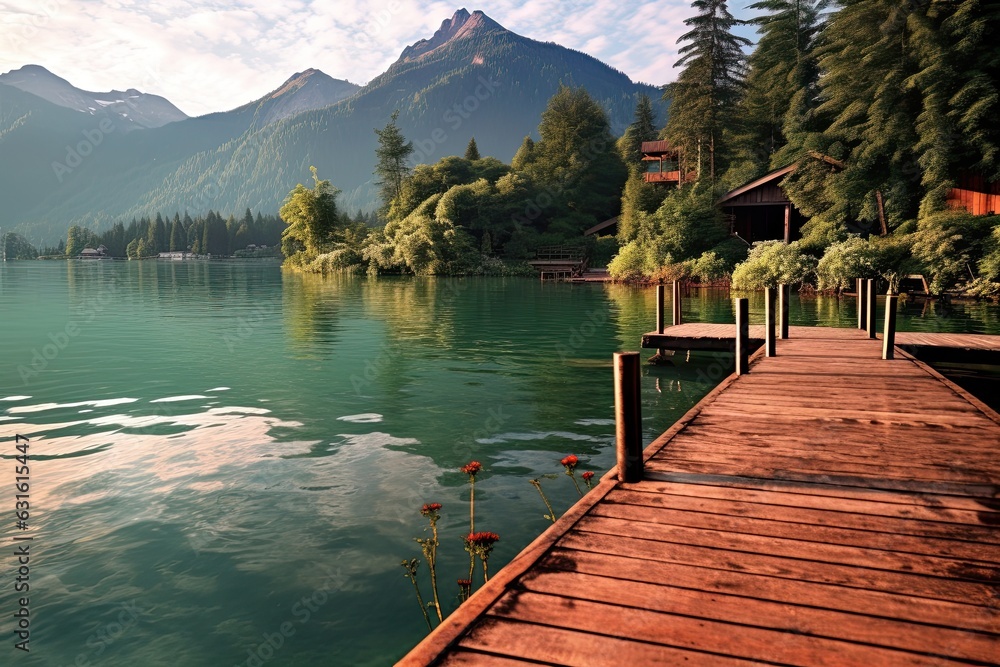 Tranquil Waters and Majestic Mountains: A Serene Lakeside Retreat with a Wooden Dock, generative AI