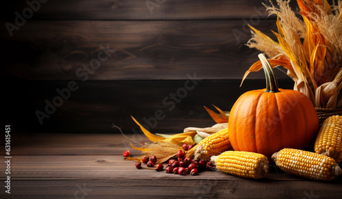 Festive Autumn Still Life With a Pumpkin, Corn on the Cob, Rose Hips on Dark Wooden Table on Brown Background With Copy Space photo