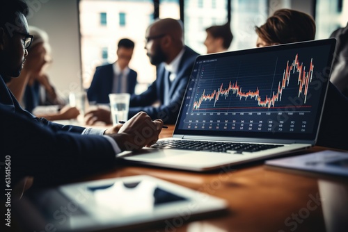 Business team using laptops analyzing stock market, currency exchange, banking with forex graph, trading chart.