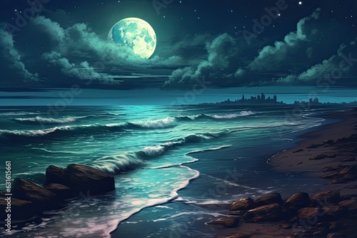 Serene Moonlit Beach: Captivating Shimmering Waves Under Moonlight, generative AI