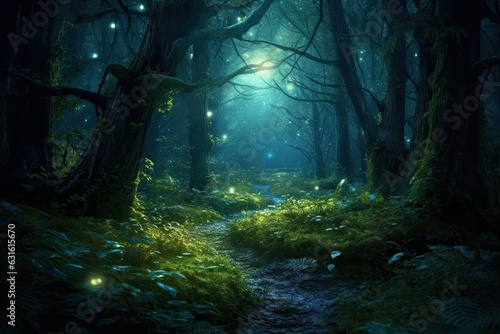 Enchanting Moonlit Forest: Serene Beauty with Faint Moonbeams, generative AI