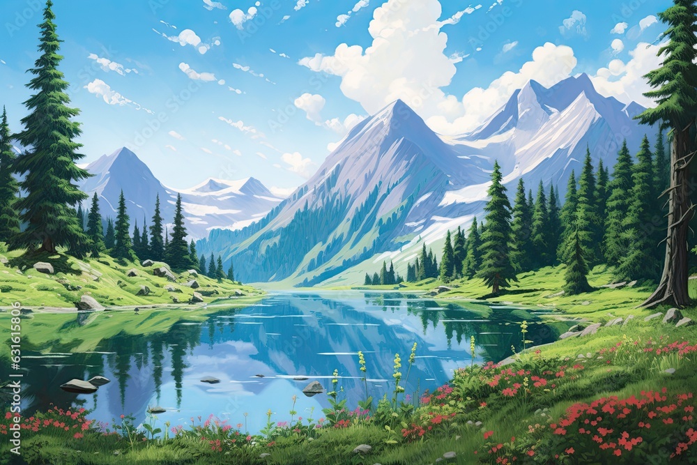 Serene Mountain Lake: A Picturesque Oasis of Lush Greenery, Majestic Peaks, and Clear Blue Sky, generative AI