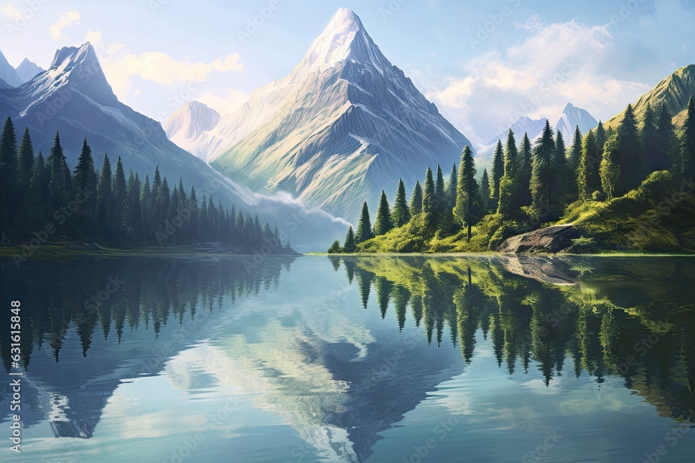 Crystal-Clear Reflection: Serene Mountain Lake amidst Lush Greenery and Towering Peaks, generative AI