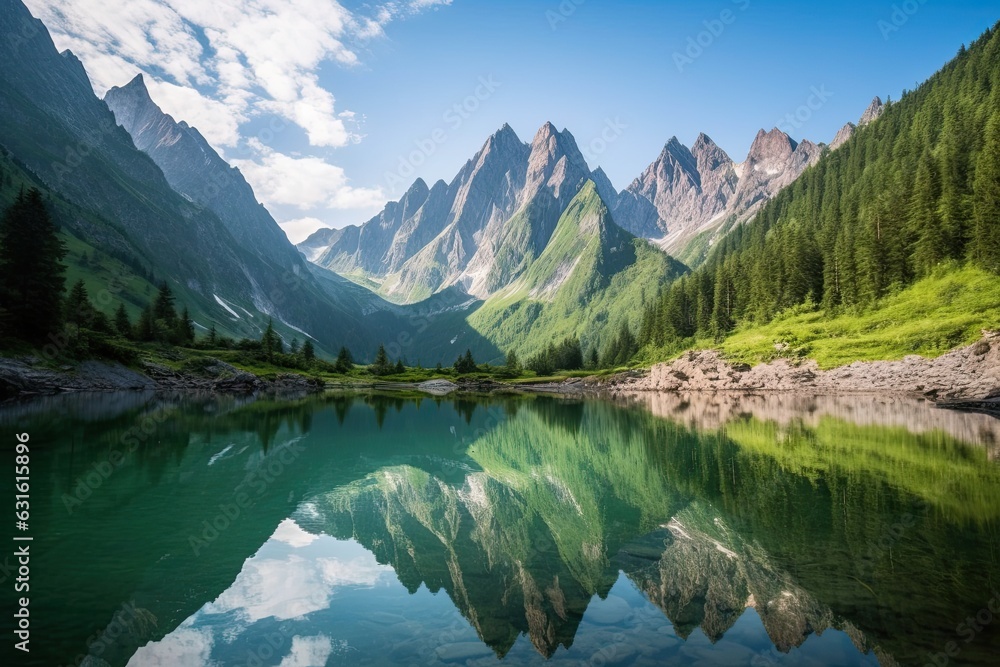 Serene Mountain Lake Oasis: Lush Greenery, Towering Peaks, and Clear Blue Sky, generative AI