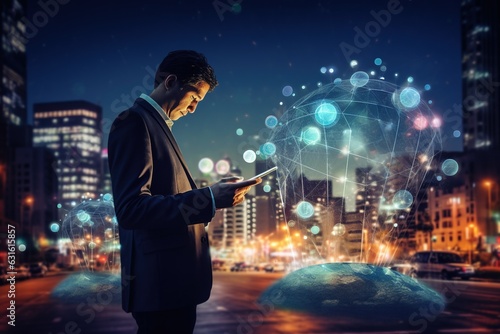 IoT: Global network connecting digital tech, social media marketing concept. Woman using smartphone in smart city with tech icons.