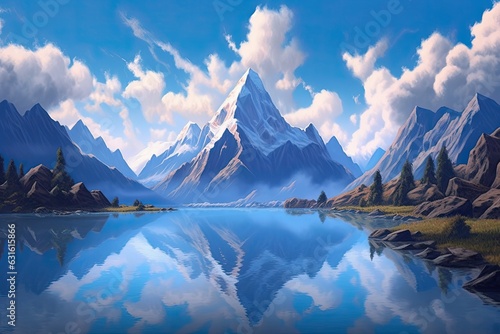 Tranquil Blue Sky Reflects in Majestic Peaks Surrounding Serene Mountain Lake, generative AI