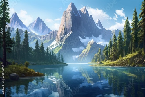 Serene Mountain Lake: Tranquil Ambiance Amidst Towering Cliffs and Dense Forests, generative AI