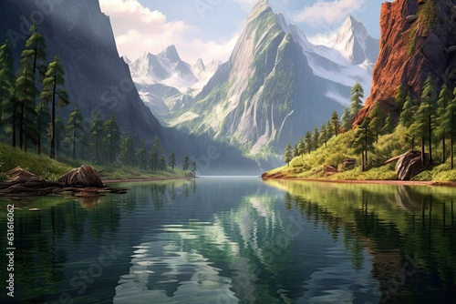 Tranquil Ambiance: Serene Mountain Lake & Towering Cliffs Encircled by Dense Forests, generative AI