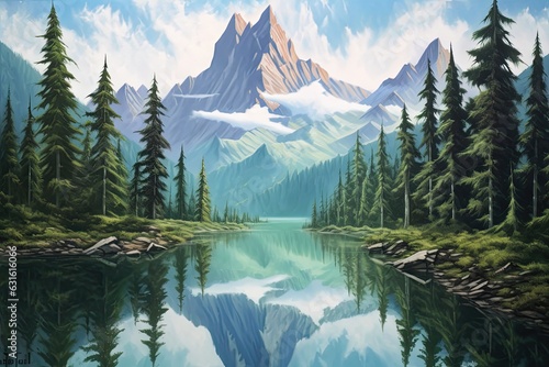 Majestic Reflections: Serene Mountain Lake with Towering Evergreen Trees and Reflected Peaks, generative AI © Michael