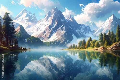 Serene Mountain Lake  Reflections of Towering Peaks in Calm  Glassy Waters  generative AI