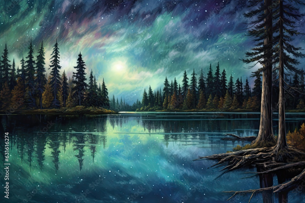 Serene Lake: Shimmering Reflections and Twinkling Constellations in a Starry Night Sky, generative AI