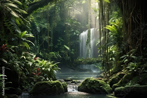 Serene Rainforest Waterfall  Lush Greenery  Misty Water  and Peaceful Ambiance  generative AI