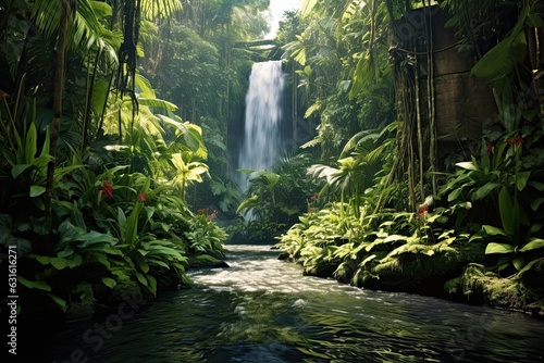 Serene Rainforest Waterfall: Lush Vegetation, Cascading Water, and Peaceful Ambiance, generative AI