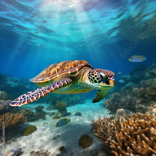 turtles swimming gracefully on the beach with coral reefs. AI Generated Image