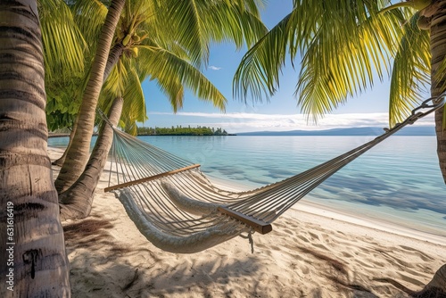 Tranquil Beach Oasis: Swaying Palm Trees, Turquoise Waters, and Gentle Ocean Breeze in a Hammock, generative AI © Michael