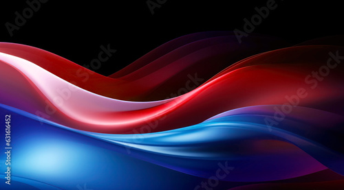 Abstract glossy blue and red waves on black background. Generative AI